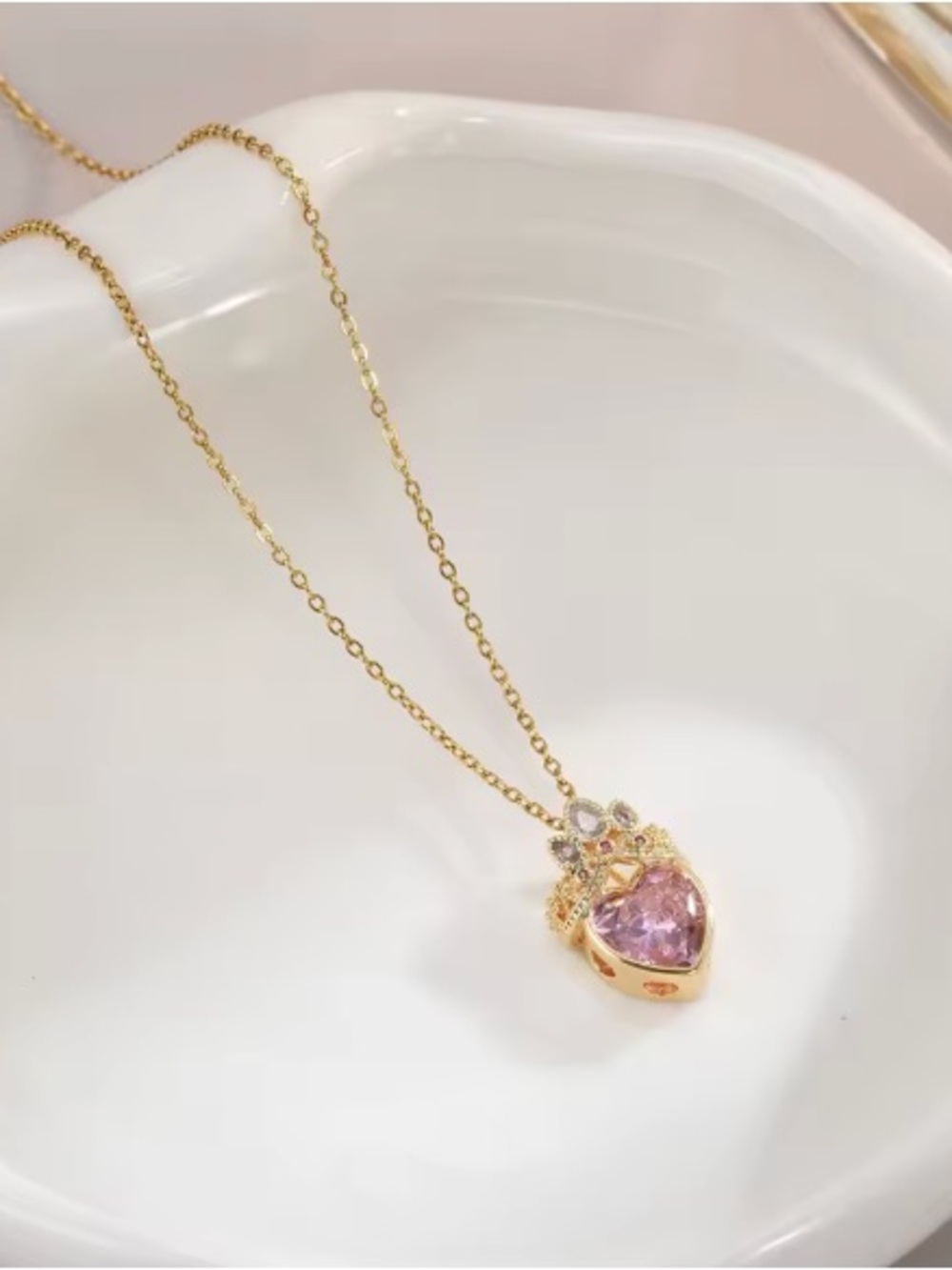 Gold Pink Heart Crown Necklace. - Picture 4 of 7